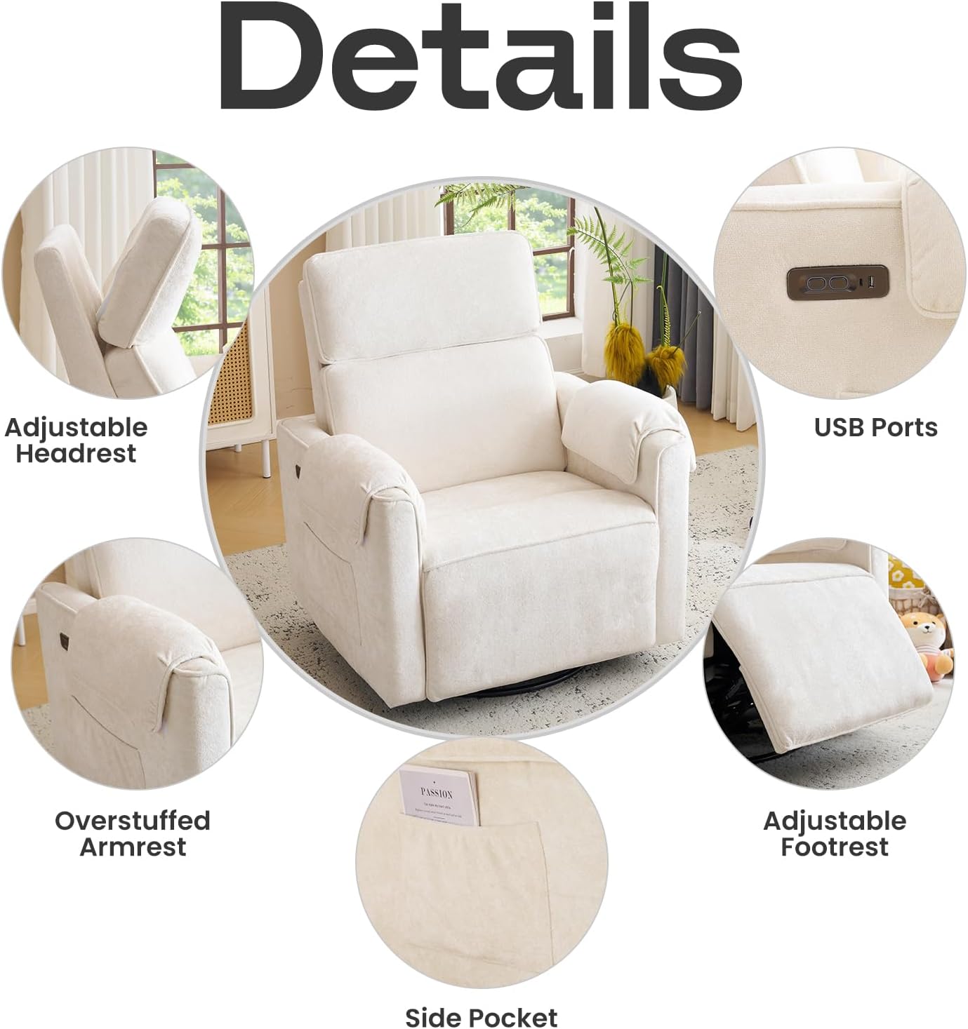 Oversized Power Recliner Chair Swivel Glider with Adjustable Headrest, 26' Extra Wide Glider Nursery Chair with Overstuffed Armrest, USB Ports, Chenille Fabric, Cream