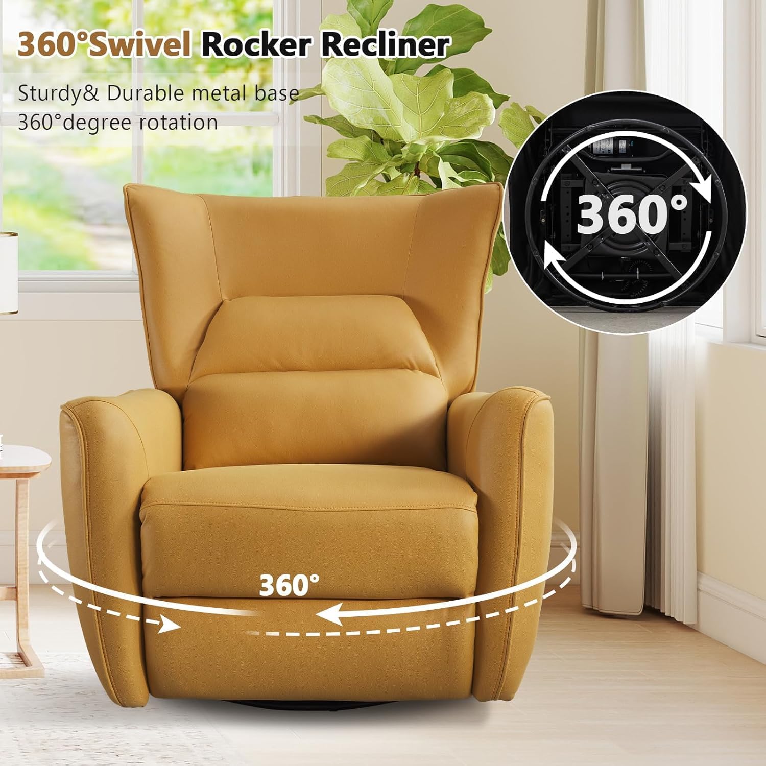 HAOMARKETS Power Swivel Rocker Recliners, Breathable Faux Leather Electric Glider Rocking Recliner Chair for Adults, 270° Swivel Nursery Reclining Sofa with USB Charging Port，Lemon Yellow