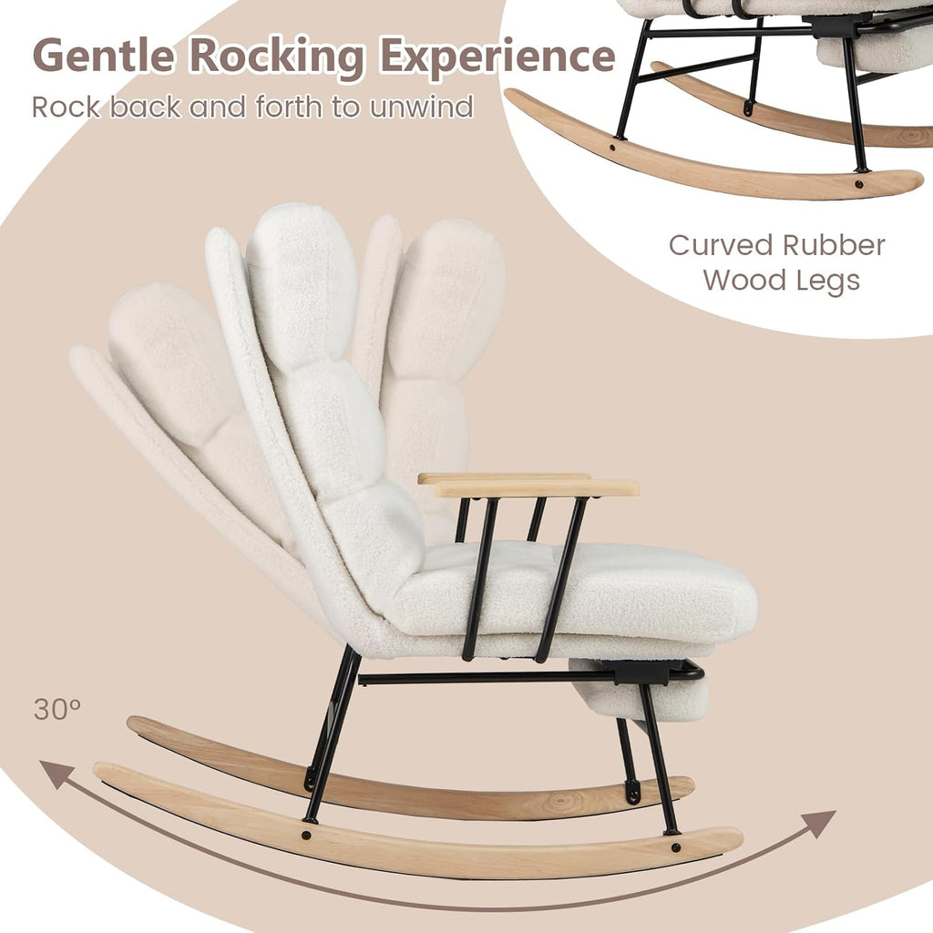 Giantex Rocking Chair Nursery, Teddy Upholstered Rocker Chair w/ 5-level Adjustable Backrest & Retractable Footrest, Rubber Wood Legs & Felt Foot Pads, Modern Accent Chair for Living Room, Bedroom (1)