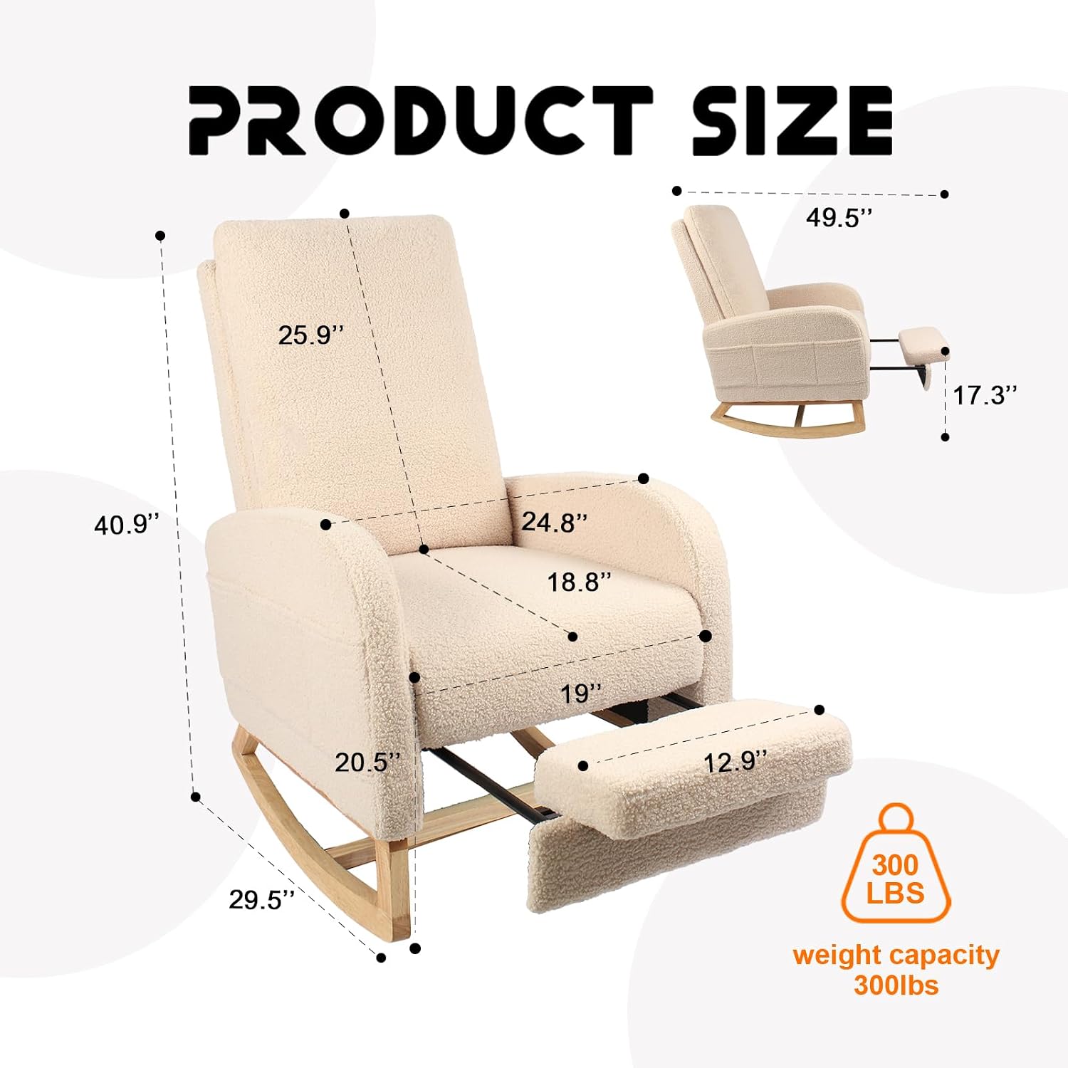 Rocking Chair Nursery with Foot Rest, Sherpa Nursing Rocking for Mom Nursery Rocker Chair with High Straight Backrest, Armchair Rocker Glider with Side Pocket for Living Room, Bedroom, Teddy Begie