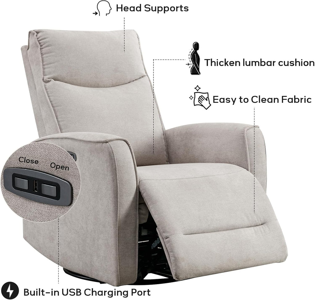 ANJ Power Swivel Recliner Chair, Glider Rocker Recliner with USB Port, Electric Nursery Recliners Sofa Rocking Chairs for Living Room, Bedroom（Grey）