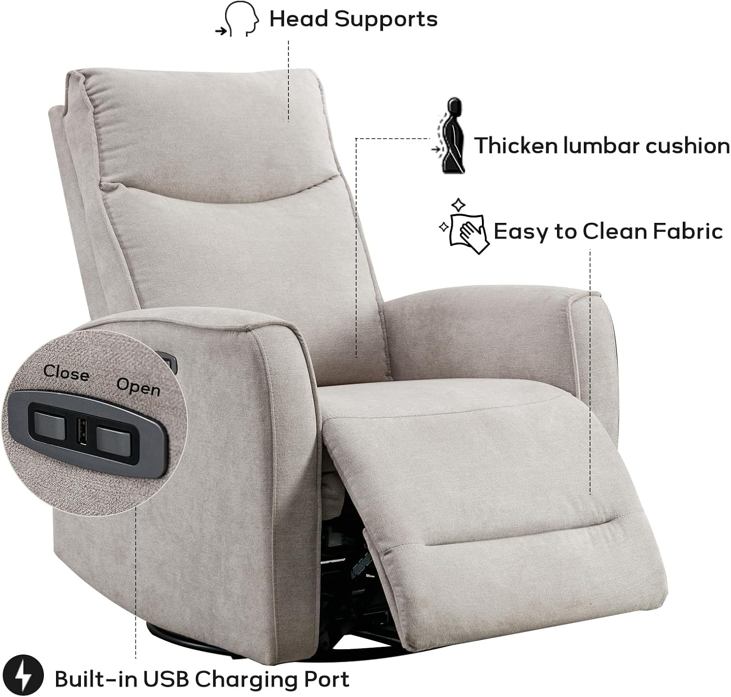 ANJ Power Swivel Recliner Chair, Glider Rocker Recliner with USB Port, Electric Nursery Recliners Sofa Rocking Chairs for Living Room, Bedroom（Grey）