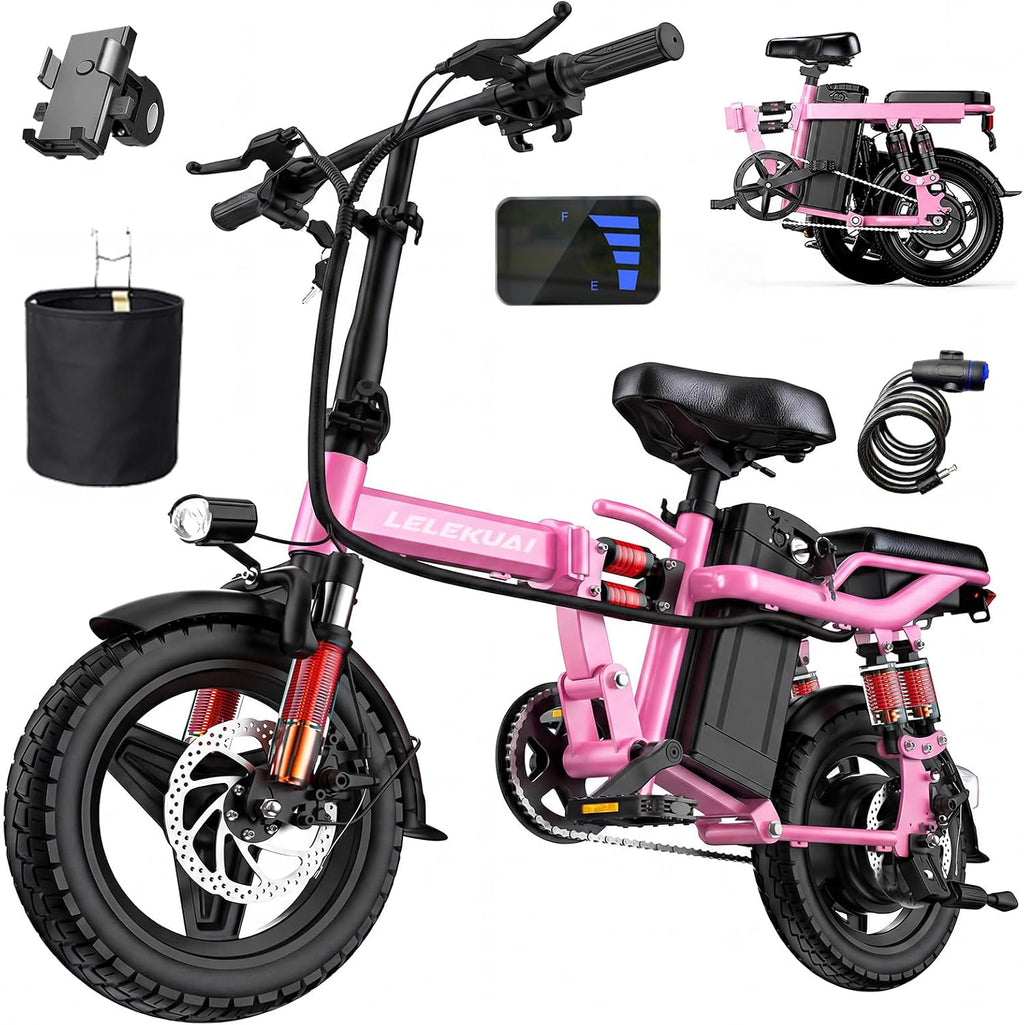 Heavy-Duty Foldable Electric Bike for Adults with 7 Shock Suspension, 500+ lbs Capacity, 740W Motor, 25MPH, 720Wh Battery, 20-Mile Range, 14' Fat Tires Commuter Bicycle for Road & Mountain Riding