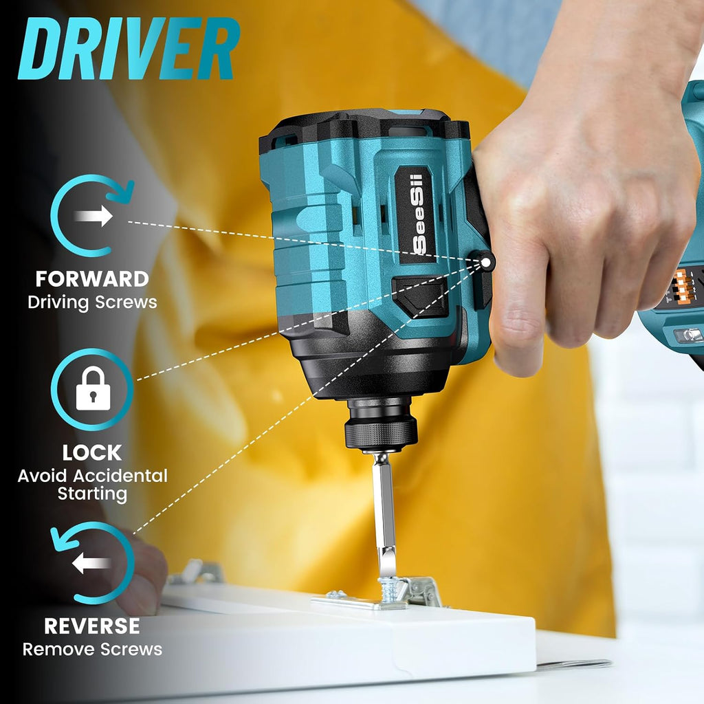 SEESII 21V Max Cordless Drill and Impact Driver, Power Tool Combo Kit Included 3/8'' Drill & 1/4'' Impact Driver, 2x 4000mAh Battery, Fast Charger, 20 pcs Driver Bit Set & Bag