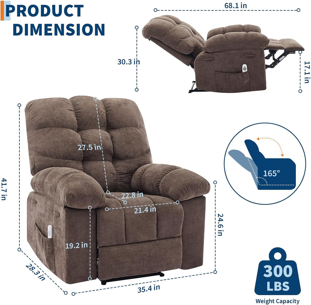 Recliner Rocking Chair with Massage & Heat, Wide Overstuffed Fabric Recliner with Breathable Upholstery, Ergonomic Design, 2 Side Pockets & Remote Control for Living Room or Bedroom (Darkbrown)