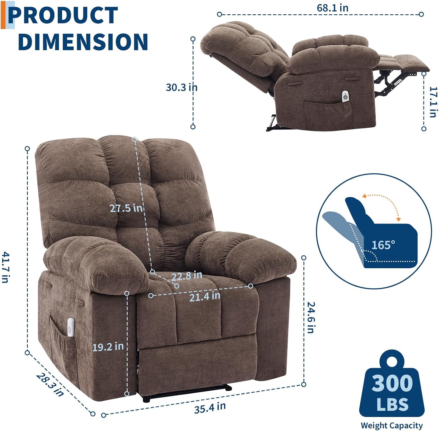 Recliner Rocking Chair with Massage & Heat, Wide Overstuffed Fabric Recliner with Breathable Upholstery, Ergonomic Design, 2 Side Pockets & Remote Control for Living Room or Bedroom (Darkbrown)