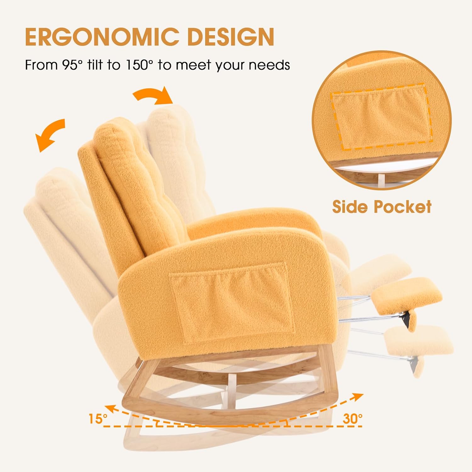 NIOIIKIT Nursery Rocking Chair, Linen Upholstered Glider Chair with Footrest, Tufted Rocker Recliner with Side Pocket, Comfy Recliner Glider, Accent Chair for Living Room (Yellow Teddy)