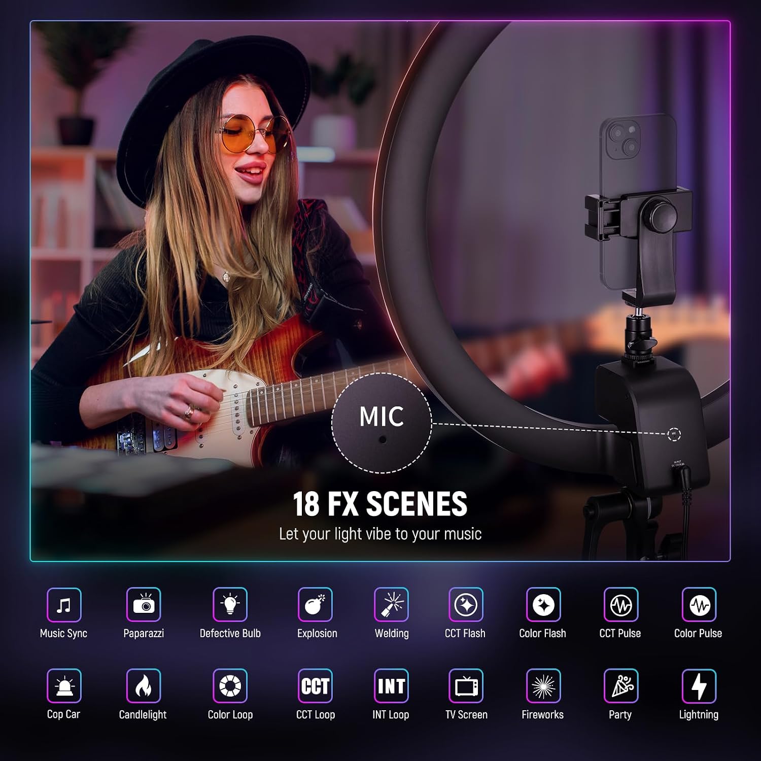 NEEWER SRP18C 18 Inch RGB LED Ring Light Kit with Reversible Tripod Light Stand App Control Phone Holder Compatible with iPhone, Ultra Slim Ringlight for Makeup Video Recording Selfie Studio Streaming