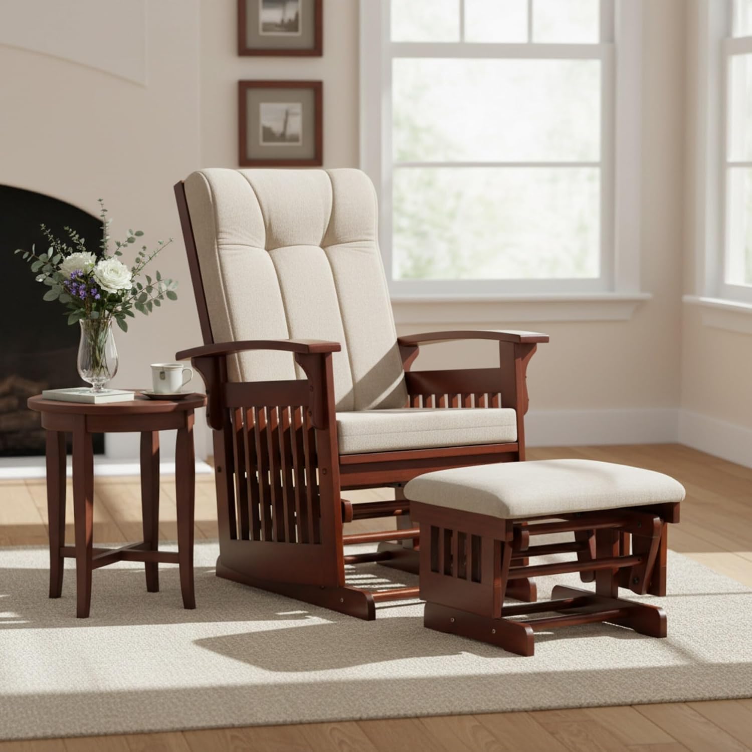Rustic Glider Chair for Nursery with Ottoman, Resistant Rubber Wood Nursery Glider and Ottoman Sets for Relaxing, Rocking Chair for Living Room Bedroom, Cream White