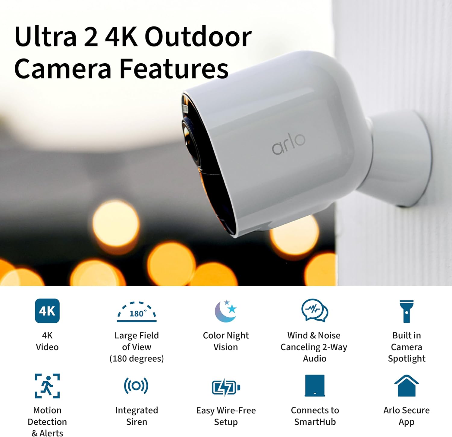 Arlo Ultra Security Camera 4K HDR (2nd Gen, 2020 Release) + SmartHub, Battery Power, Emergency Response, AI Event Captions, 1-Month Trial of Secure Plan, 180° Field of View, 3 Cam, White