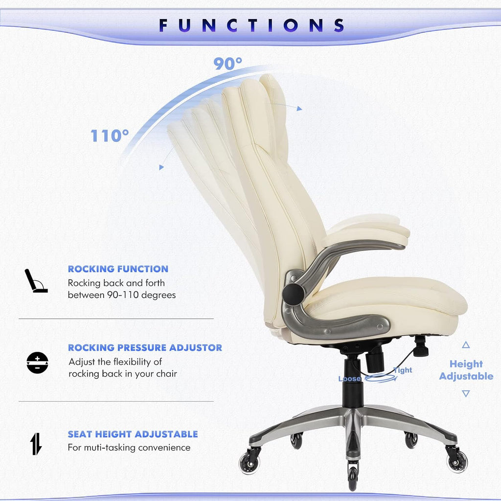 COLAMY Ergonomic Office Chair, Set of 2 Boxes, High Back Leather Desk Chair with Flip-up Arms, Adjustable Height & Rocking Function, Silent Wheels, Ivory Executive Computer Chair, 300lbs Capacity