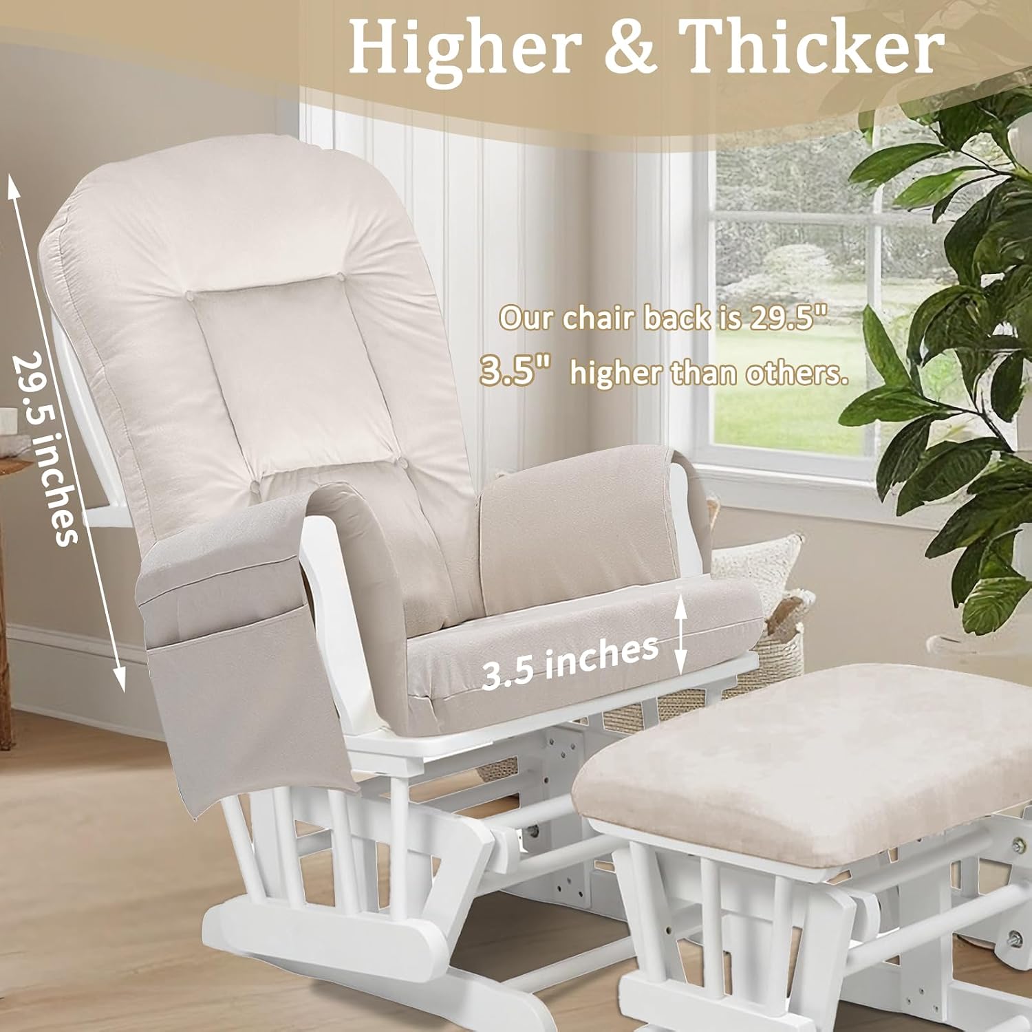 BECHAEO 5PCS Velvet Glider Rocker Replacement Cushions with Ottoman Cover Soft Thicken Rocking Chair Cushion Set for Indoor Nursery Glider Rocking Chair, Beige