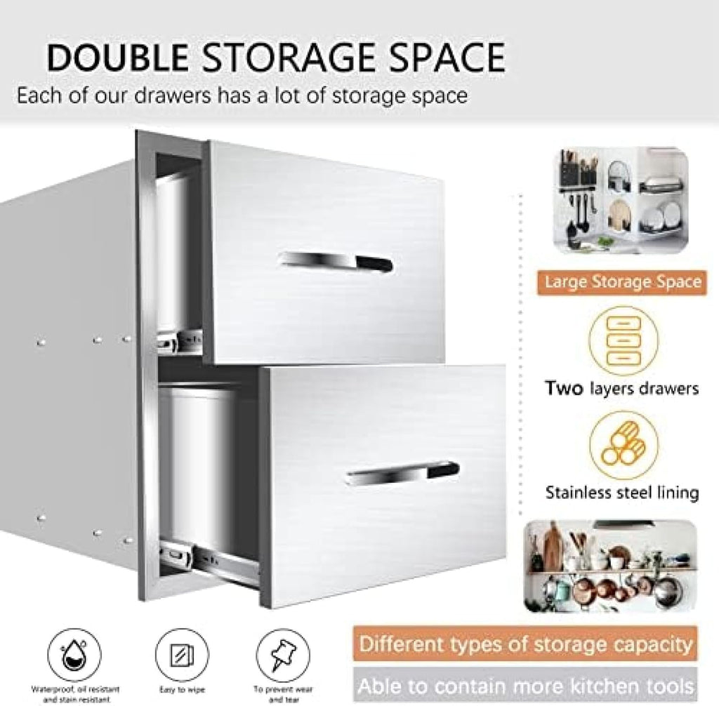 Stainless Steel Double Drawers for Outdoor Kitchen Grilling Station - 18Wx23Dx23H