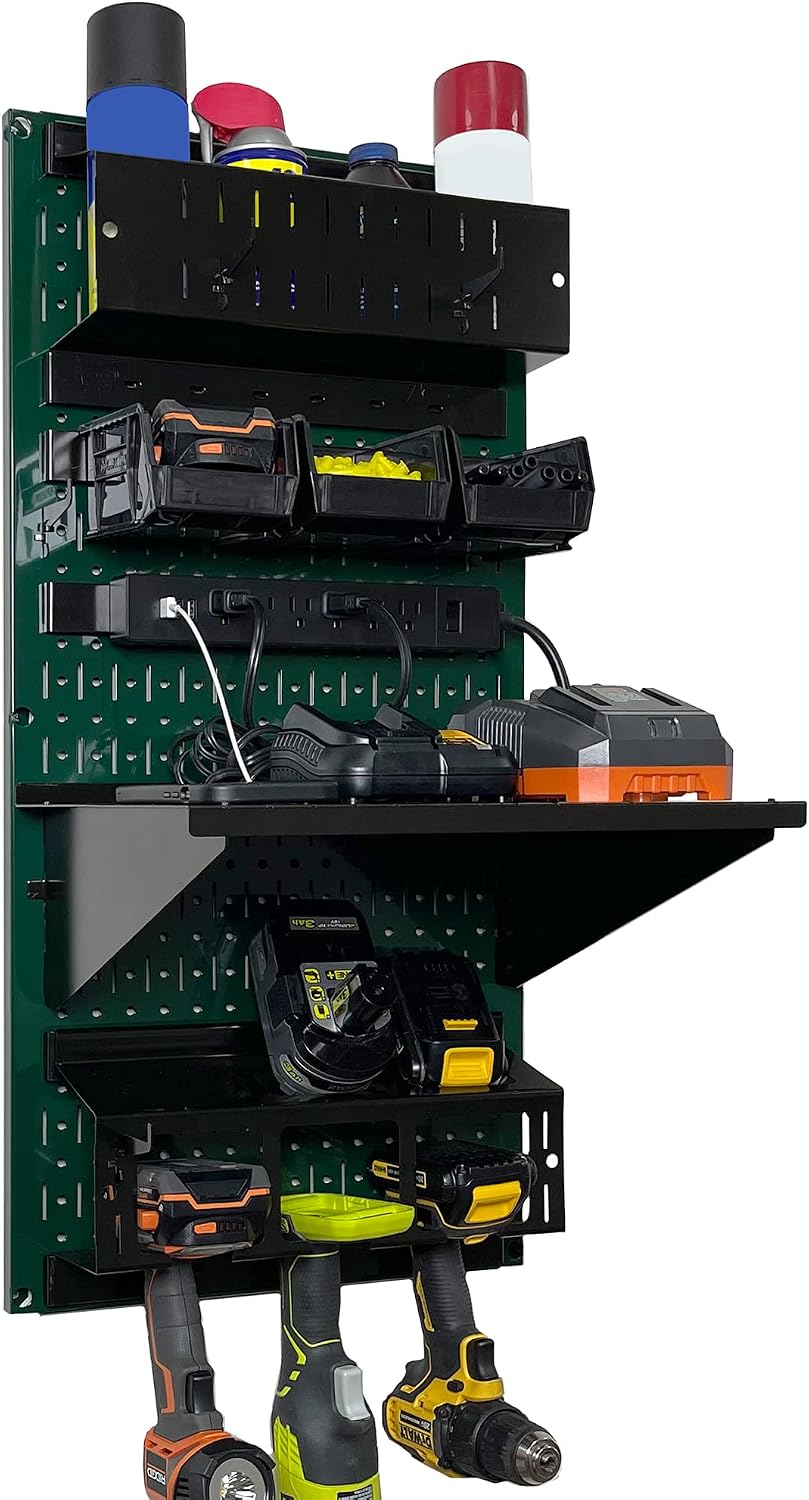 Wall Control Power Tool Storage Organizer Kit Cordless Drill Holder Charging Station Rack 16' x 32' Metal Pegboard Organization System (Green Pegboard)