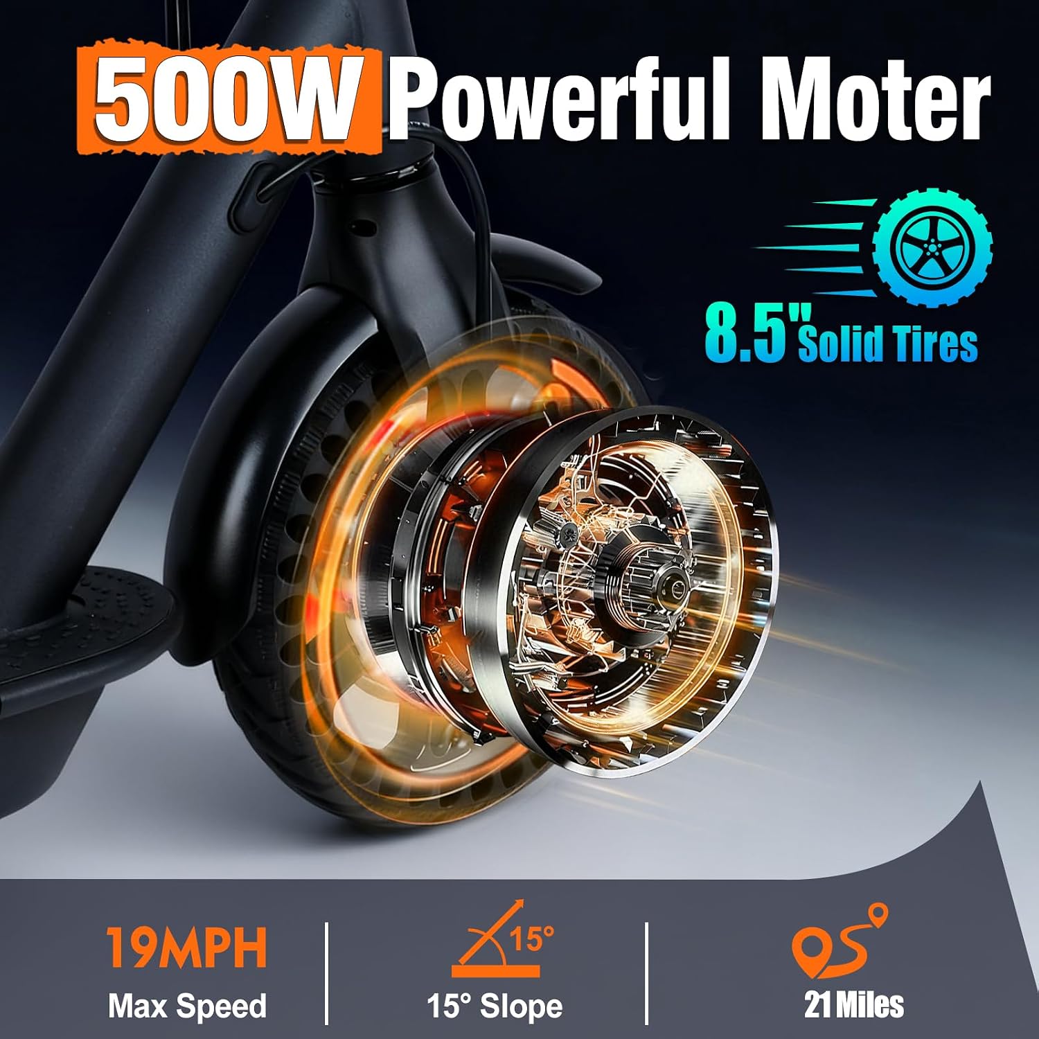 Foldable Electric Scooter for Adults & Teens - 500W Motor, 16/21 Miles Range & 12/19 Mph Speed, 8.5' Puncture-Proof Tires, Dual Brakes & Cruise Control - Heavy-Duty Commuter E-Scooter