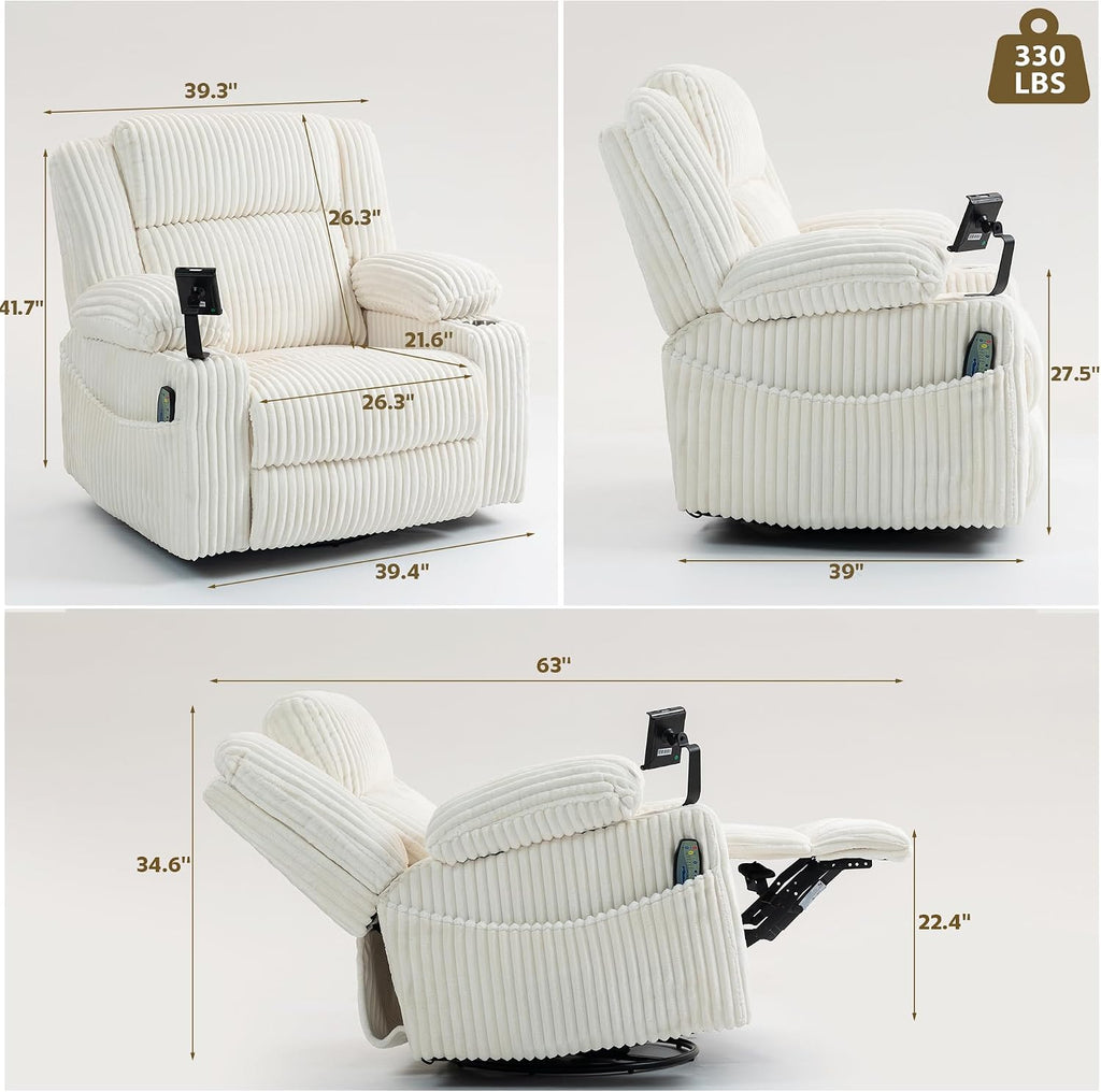 SINCRUMI Power Oversized Swivel Rocker Recliner with Dual Motor Adjustable Headrest for Adults, Glider Rocking Chair with Vibration and Heat, USB A&C Ports, Armrest Storage, Cup Holder, Cream White