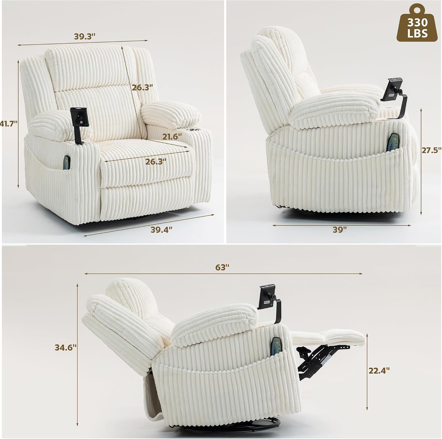 SINCRUMI Power Oversized Swivel Rocker Recliner with Dual Motor Adjustable Headrest for Adults, Glider Rocking Chair with Vibration and Heat, USB A&C Ports, Armrest Storage, Cup Holder, Cream White