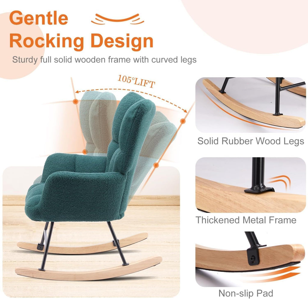 Rocking Chair, Upholstered Glider Rocker Accent Chair, Nnursery Rocking Chairs with High Backrest for Small Spaces, Indoor, Living Room, Bedroom, Green
