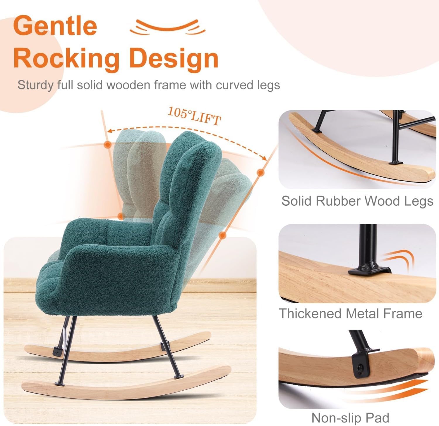 Rocking Chair, Upholstered Glider Rocker Accent Chair, Nnursery Rocking Chairs with High Backrest for Small Spaces, Indoor, Living Room, Bedroom, Green