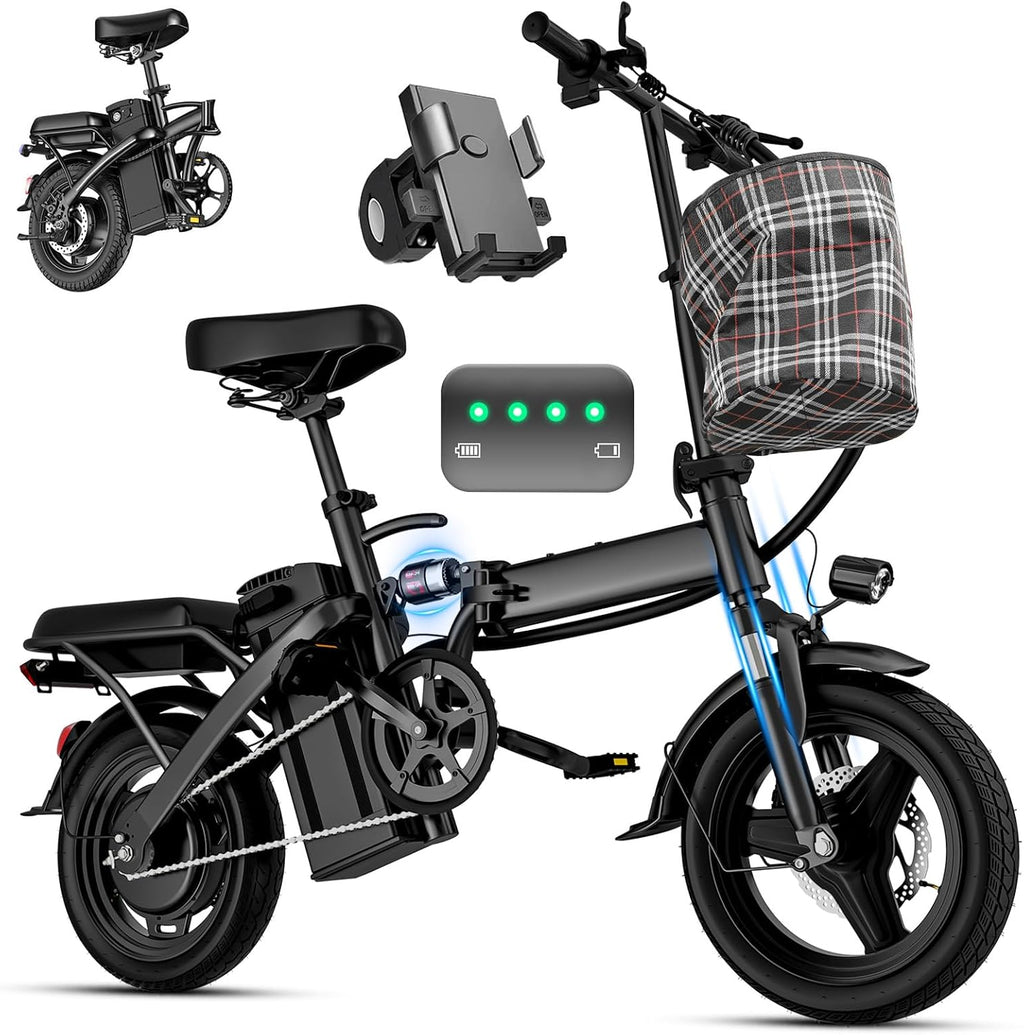 Electric Bike for Adults and Teens, 560W Motor 24MPH Commuter Ebike, 48V 10Ah Battery, 32 Miles Range, 3 Shock Absorbers, 14' Mini Foldable Electric Bicycles with UL 2849 Certification