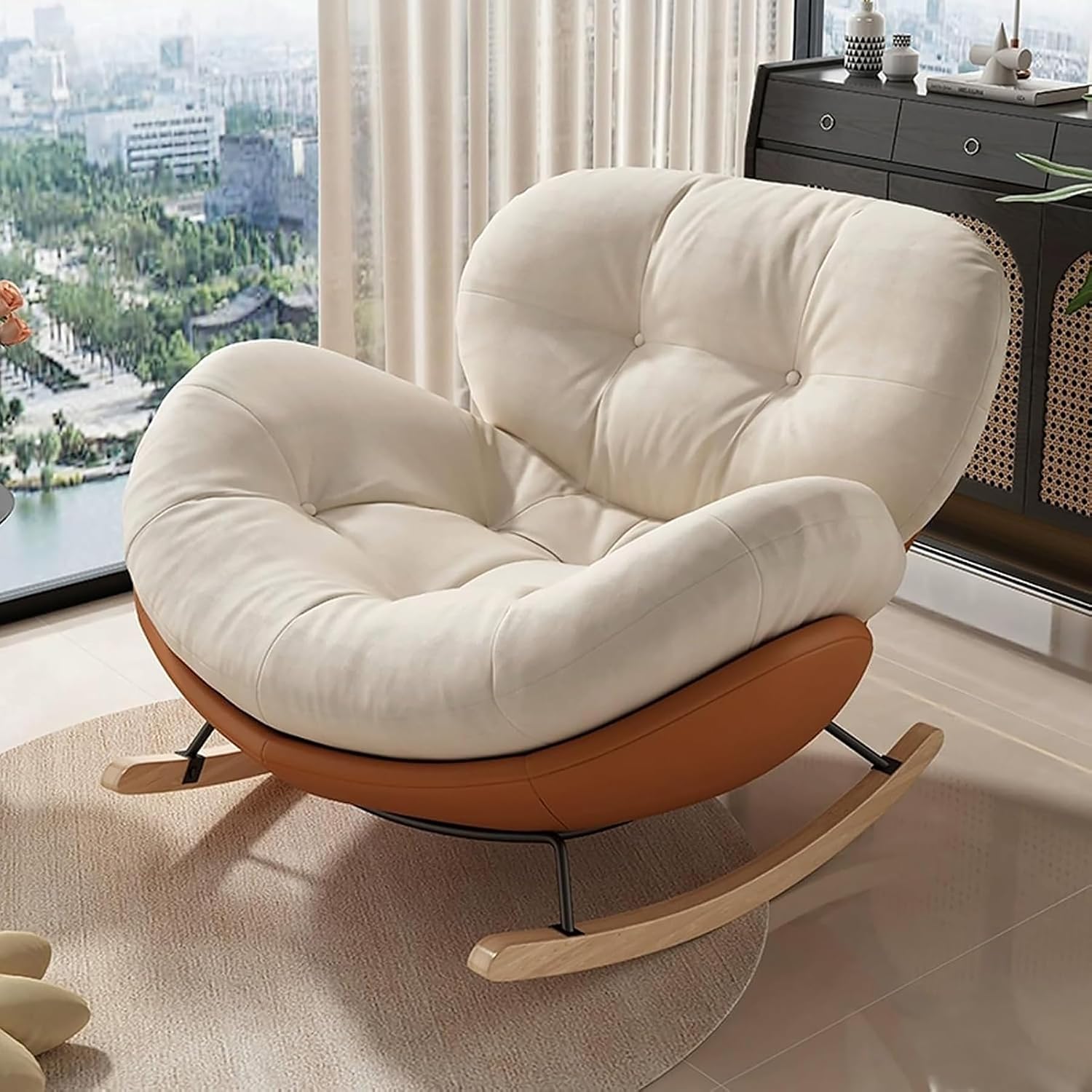 Oversized Rocking Chair for Nursery, Indoor Big Comfy Chair with High Back, 440lb Capacity Reclining Papasan Chair for Living Room (Orange)