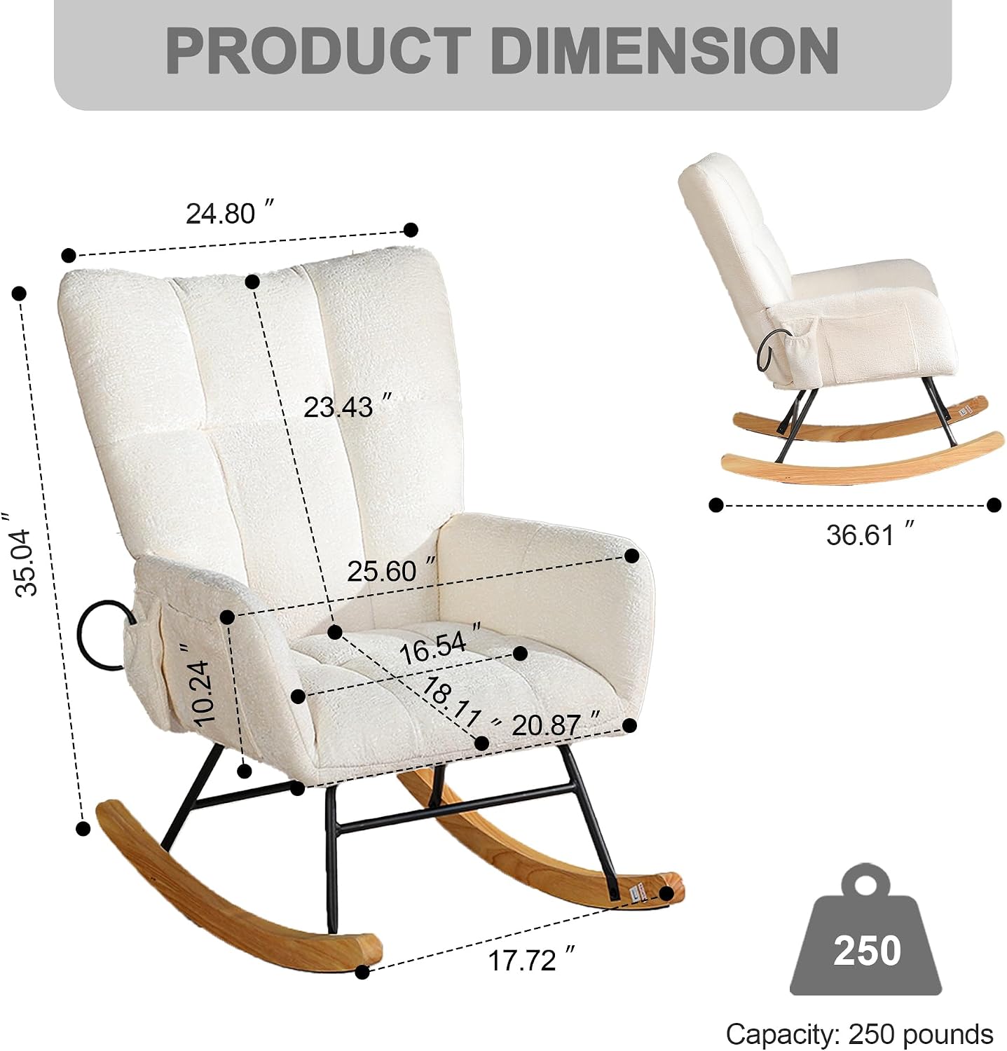 Rocking Chair Nursery with Airbag, Comfy Modern Nursery Rocking Reading Chair indoor, Cozy Upholstered Glider Rocker Chairs for Living Room Bedroom Offices, Sillas Mecedoras(Chenille, White)