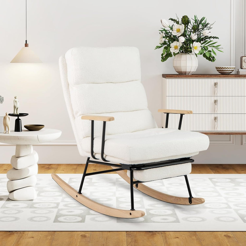 Giantex Rocking Chair Nursery, Teddy Upholstered Rocker Chair w/ 5-level Adjustable Backrest & Retractable Footrest, Rubber Wood Legs & Felt Foot Pads, Modern Accent Chair for Living Room, Bedroom (2)