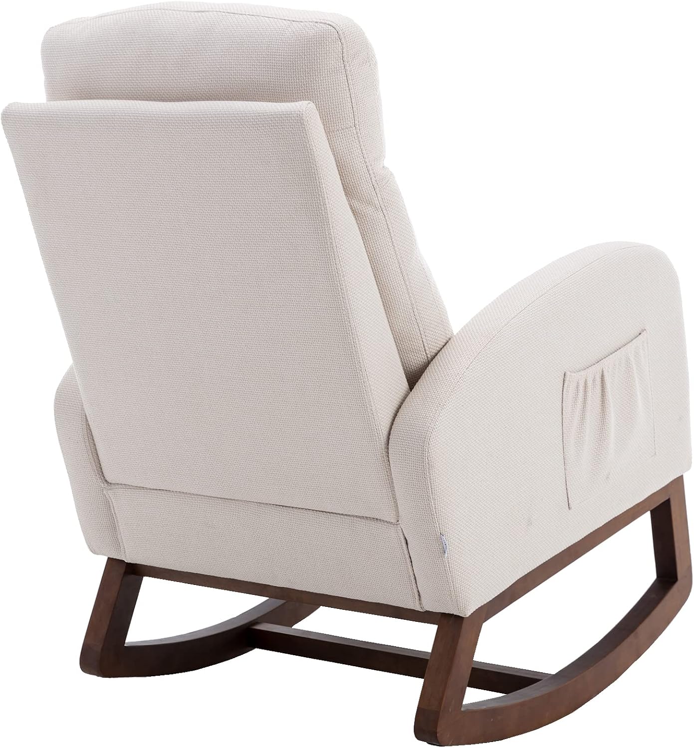 Modern Rocking Chair with Breathable Yellow Linen & Solid Wood Legs - Recliner Glider Armchair Featuring Side Pocket, High Back Support for Nursery, Living Room, Bedroom (Beige)