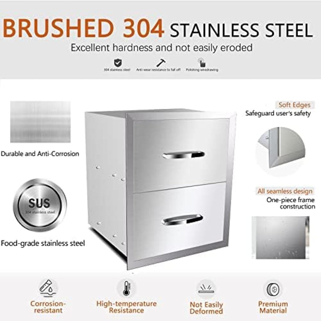 Stainless Steel Double Drawers for Outdoor Kitchen Grilling Station - Horizontal, 14Wx23Dx15H