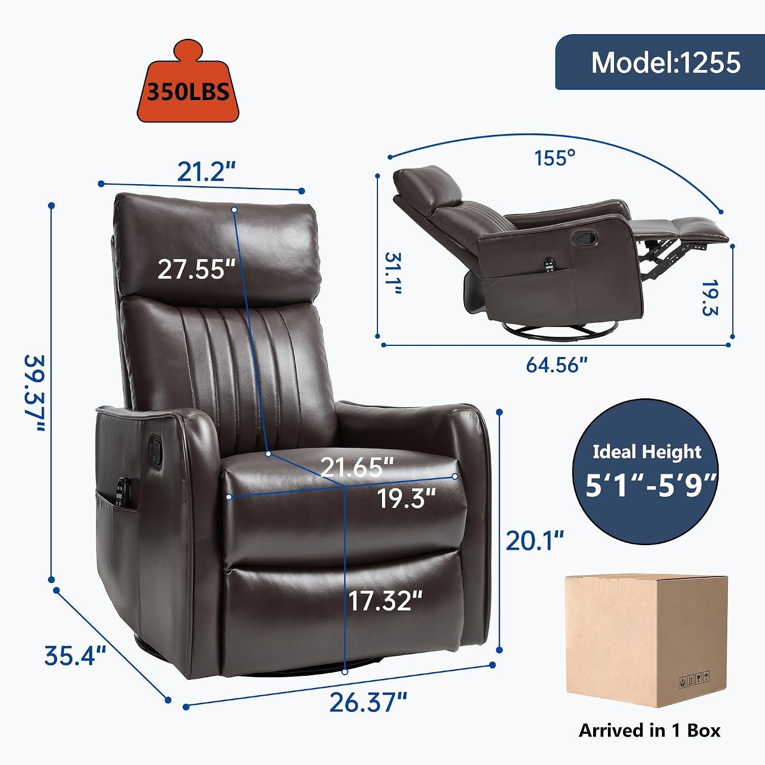 Manual Swivel Rocker Recliner Chair for Adults, Overstuffed Reclining Glider Chair for Nursing with Vibration Massage & Heat, Living Room Rocking Recliner 2-Stage backrest, Faux Leather Dark Brown