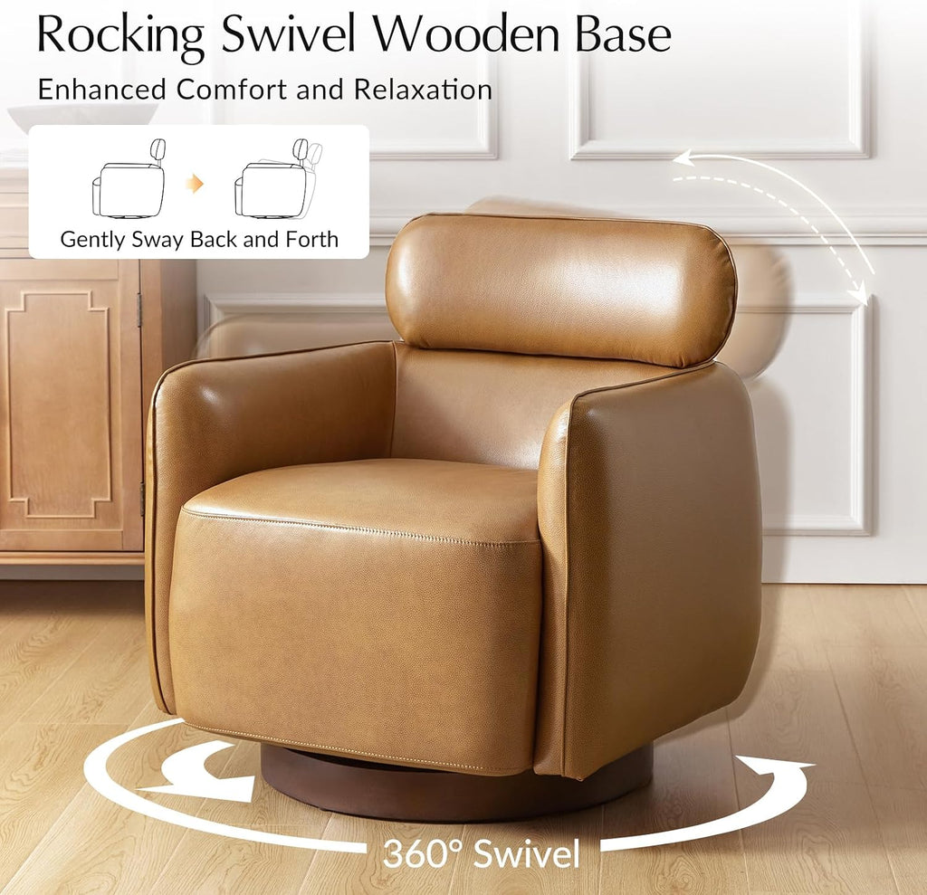 HULALA HOME Genuine Leather Swivel Rocker Chairs Set of 2, Swivel Rocking Barrel Chairs with Wooden Base, Modern Leather Accent Chairs for Living Room, Easy Assembly, Camel