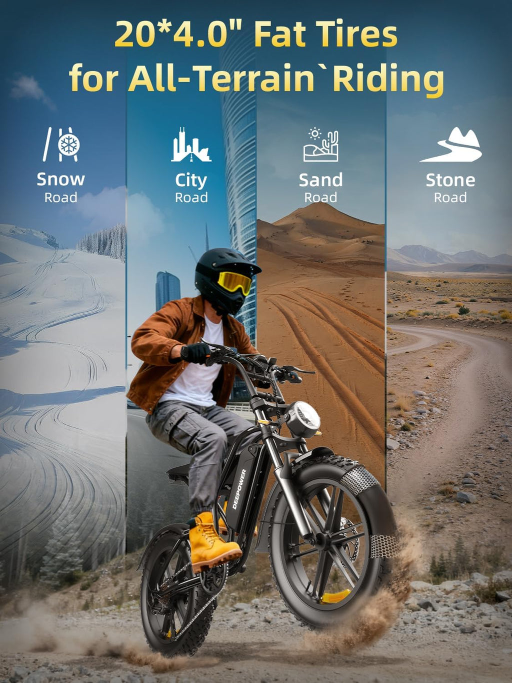 DEEPOWER Electric Bike for Adults,1500W Peak 20' Fat Tire EBike, Up to 32+MPH,60+Miles Max Range, Electric Dirt Bike for Road Sand Mountain Snow - 48V 13AH Battery Powered Electric Motorcycle