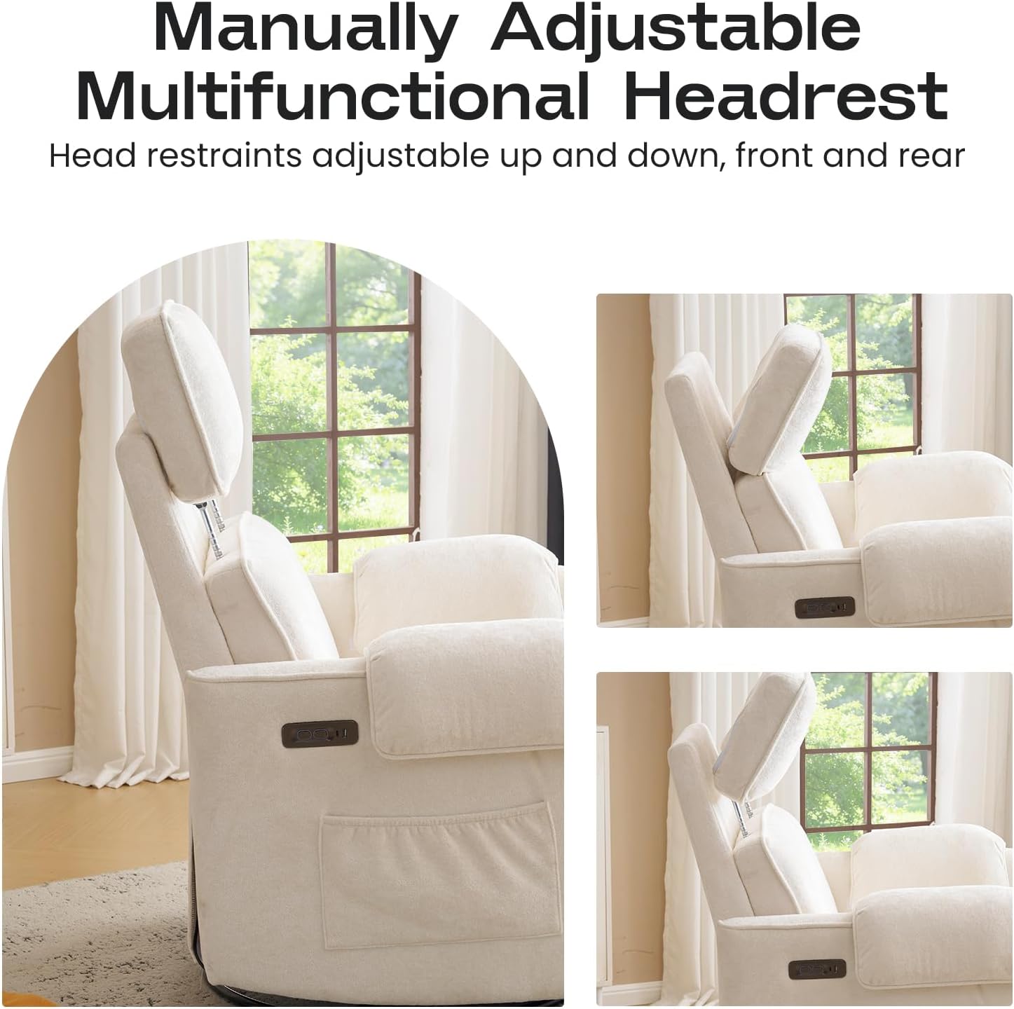 Oversized Power Recliner Chair Swivel Glider with Adjustable Headrest, 26' Extra Wide Glider Nursery Chair with Overstuffed Armrest, USB Ports, Chenille Fabric, Cream
