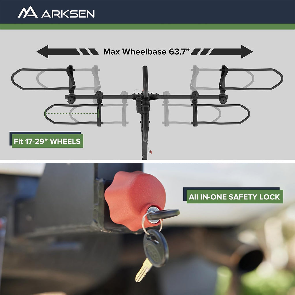 ARKSEN Bike Rack Hitch for Car, SUV & Truck, 2-Bike Hitch Mount Foldable Platform Rack w/Smart Tilt, Holds Electric Bikes up to 80 lbs Each (160 lbs Total), Fits 2' Receiver, for Fat Tire & Standard