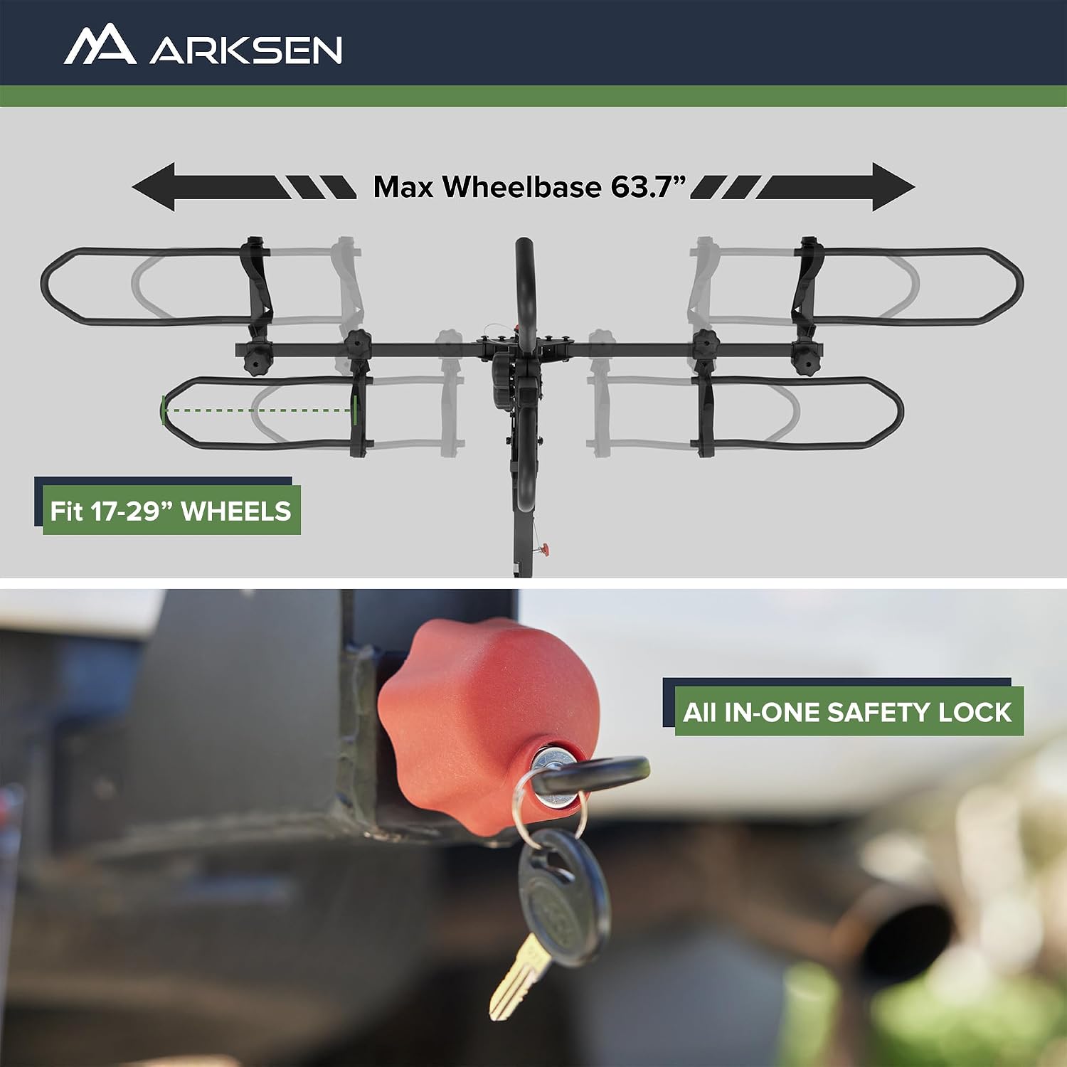 ARKSEN Bike Rack Hitch for Car, SUV & Truck, 2-Bike Hitch Mount Foldable Platform Rack w/Smart Tilt, Holds Electric Bikes up to 80 lbs Each (160 lbs Total), Fits 2' Receiver, for Fat Tire & Standard