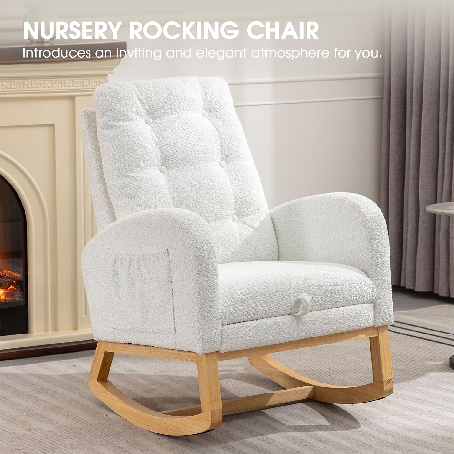 NIOIIKIT Rocking Chair Nursery, Polar Fleece Upholstered Glider Chair with Footstool, Tufted Rocker Recliner Chair with Side Pocket, Comfy Glider Accent Chair for Living Room (White Polar Fleece)