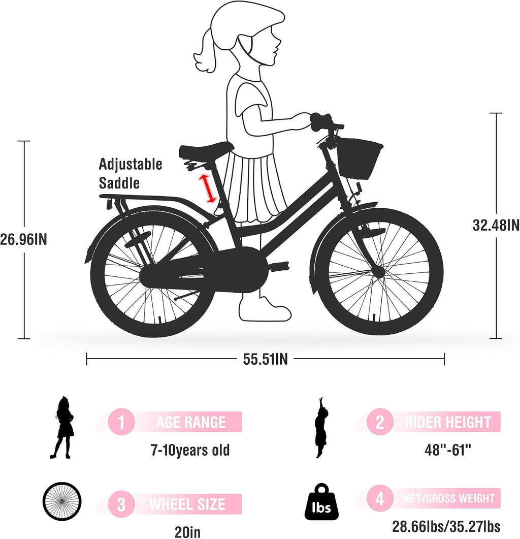 MEGHNA Cruiser Bike 20 inch/24 inch Wheels Girls Women Bike Single Speed Commuter Bike with Basket V-Brake and Coast Brake Women Ladys Bicycle, Multicolors