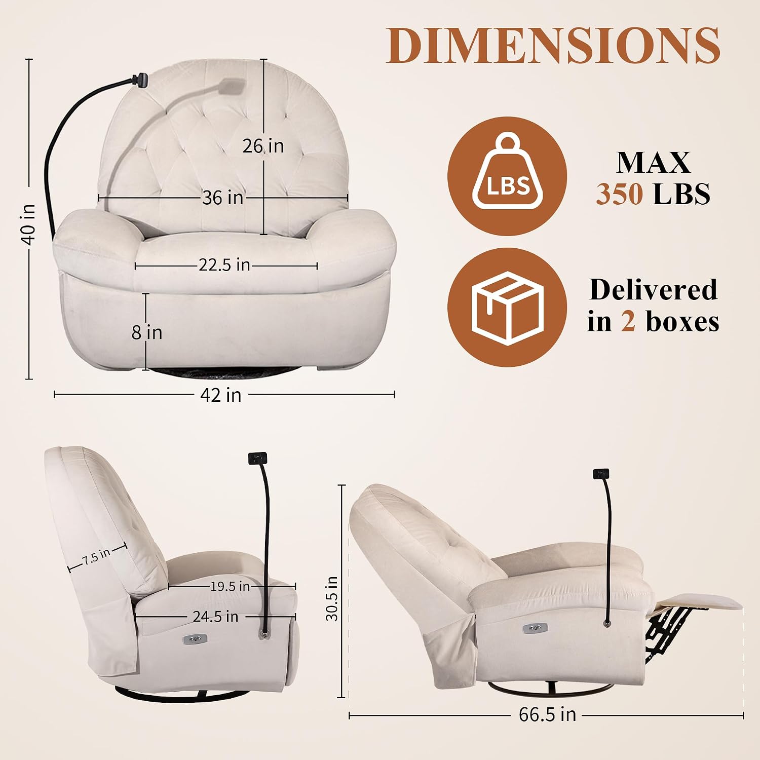 Oversized Power Recliner Chair, Adjustable Accent Chair with Footrest, Phone Holder, USB, 270° Swivel Chair, Single Reclining Sofa for Adults Living Room Bedroom Nursery and Small Spaces