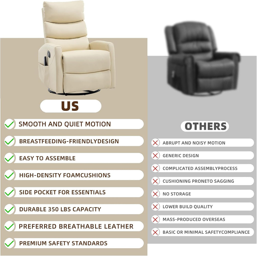 PELUMY 360° Swivel Rocker Recliner with Heat & Vibration Massage, Glider Rocking Chair for Adults, Compact Recliner for Living Room, Small Spaces, Nursery, Bedroom (Breathable Leather, Creamy Beige)