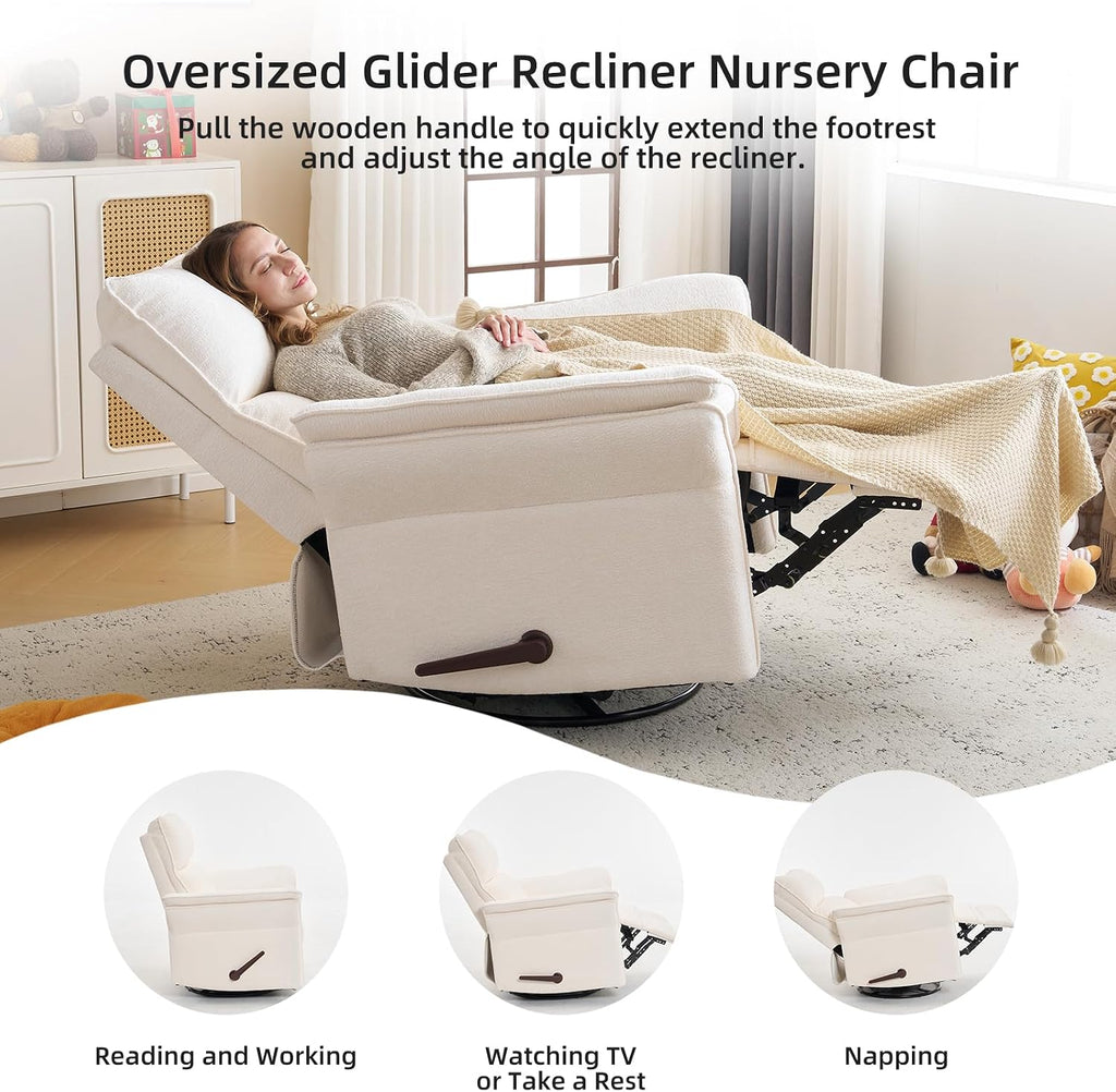 Oversized Recliner Chair, 26' Extra Wide 360° Swivel Rocker Recliner with Adjustable Headrest, Chenille Glider Rocking Nursery Chair with Overstuffed Armrest, Lumbar Support, White