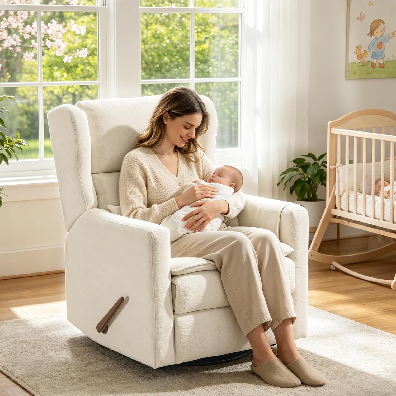 Large Glider Rocker Recliner,Rocking Chair Nursery with Adjustable Headrest,Swivel Rocker Recliner with Lumbar Support,Manual Nursery Rocker Recliner for Living Room& Bedroom,Chenille White
