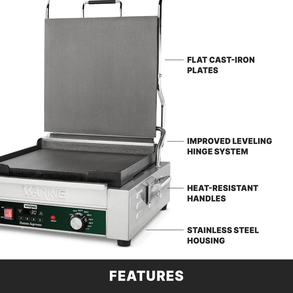 Waring Commercial Full-Size Flat Toasting Grill with Timer, Cast Iron Plates, 14' x 14' Cooking Surface, Ideal for Grilling Sandwiches, Paninis, Tortillas, Quesadillas, WFG275TX