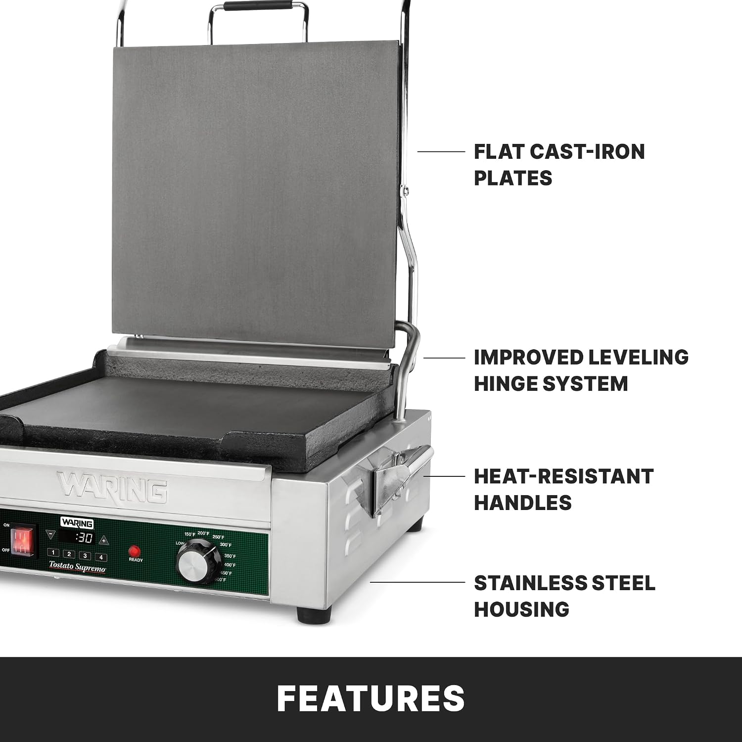 Waring Commercial Full-Size Flat Toasting Grill with Timer, Cast Iron Plates, 14' x 14' Cooking Surface, Ideal for Grilling Sandwiches, Paninis, Tortillas, Quesadillas, WFG275TX