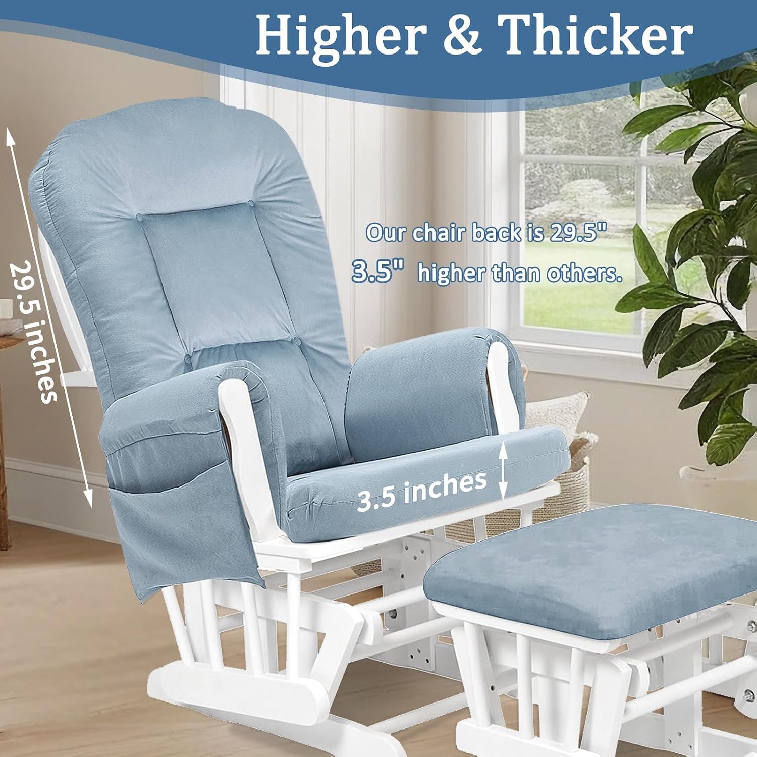 BECHAEO 5PCS Velvet Glider Rocker Replacement Cushions with Ottoman Cover Soft Thicken Rocking Chair Cushion Set for Indoor Nursery Glider Rocking Chair, Baby Blue