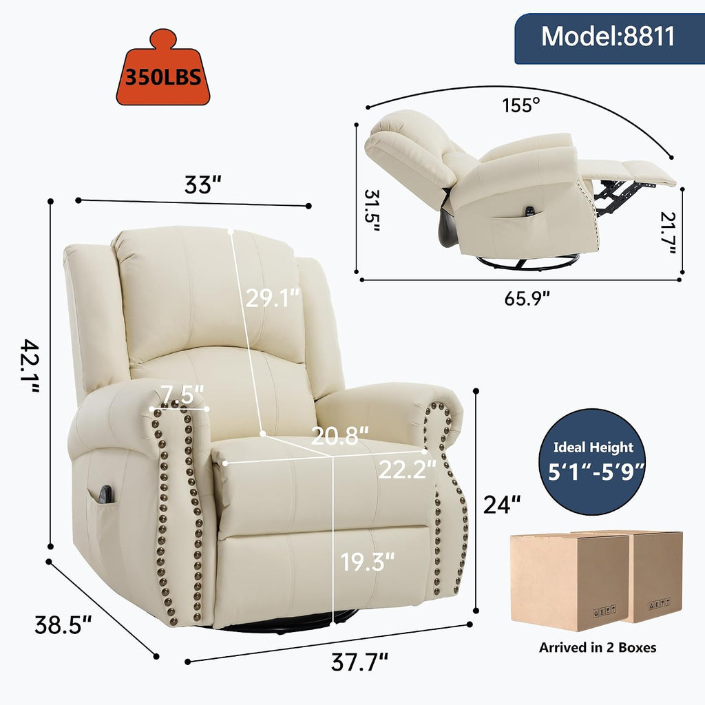 PELUMY Breathable Leather Swivel Rocking Recliner Chair for Adults, 360° Swivel Glider Rocker with Heat & Vibrating Massage, Lounge Chair for Living Room, Bedroom, Nursery (Creamy Beige)