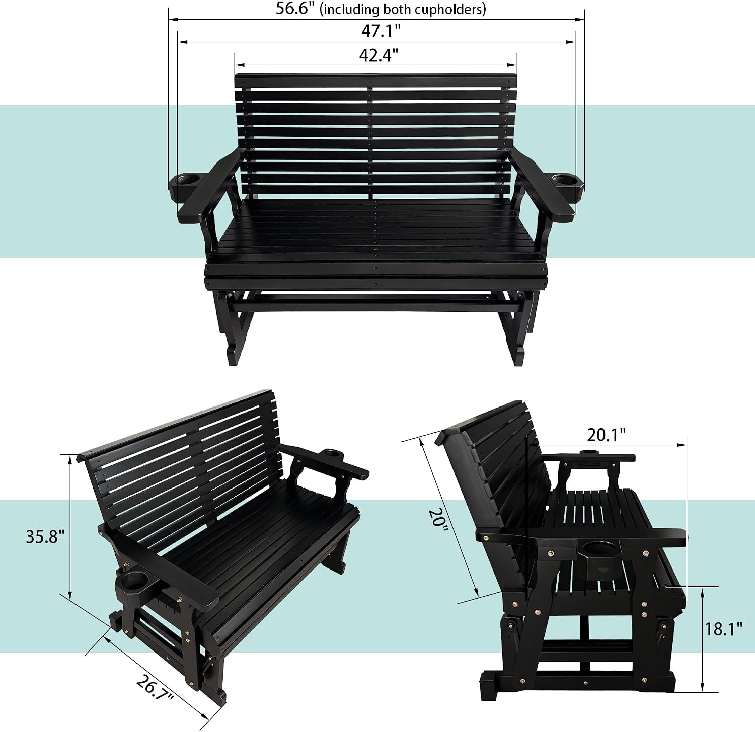 Fortune Candy Patio Glider with Cup Holders, High Roll Back and Deep Contoured Seat,Heavy Duty 800 Lb (Carbon Black, 2-Seater 42.4'')