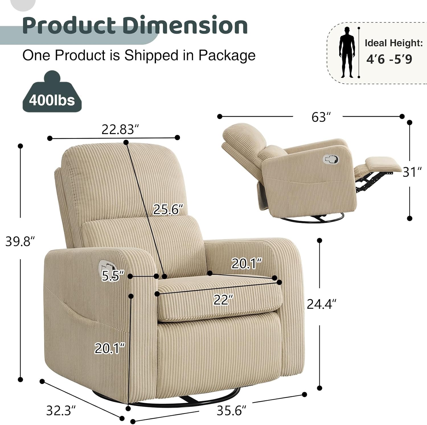 Swivel Rocker Recliner, Oversized Manual Nursery Glider Rocking Recliner Chair with Removable Cushion, Upholstered Swivel Reclining Chair for Nursery Living Room Bedroom, Corduroy Camel