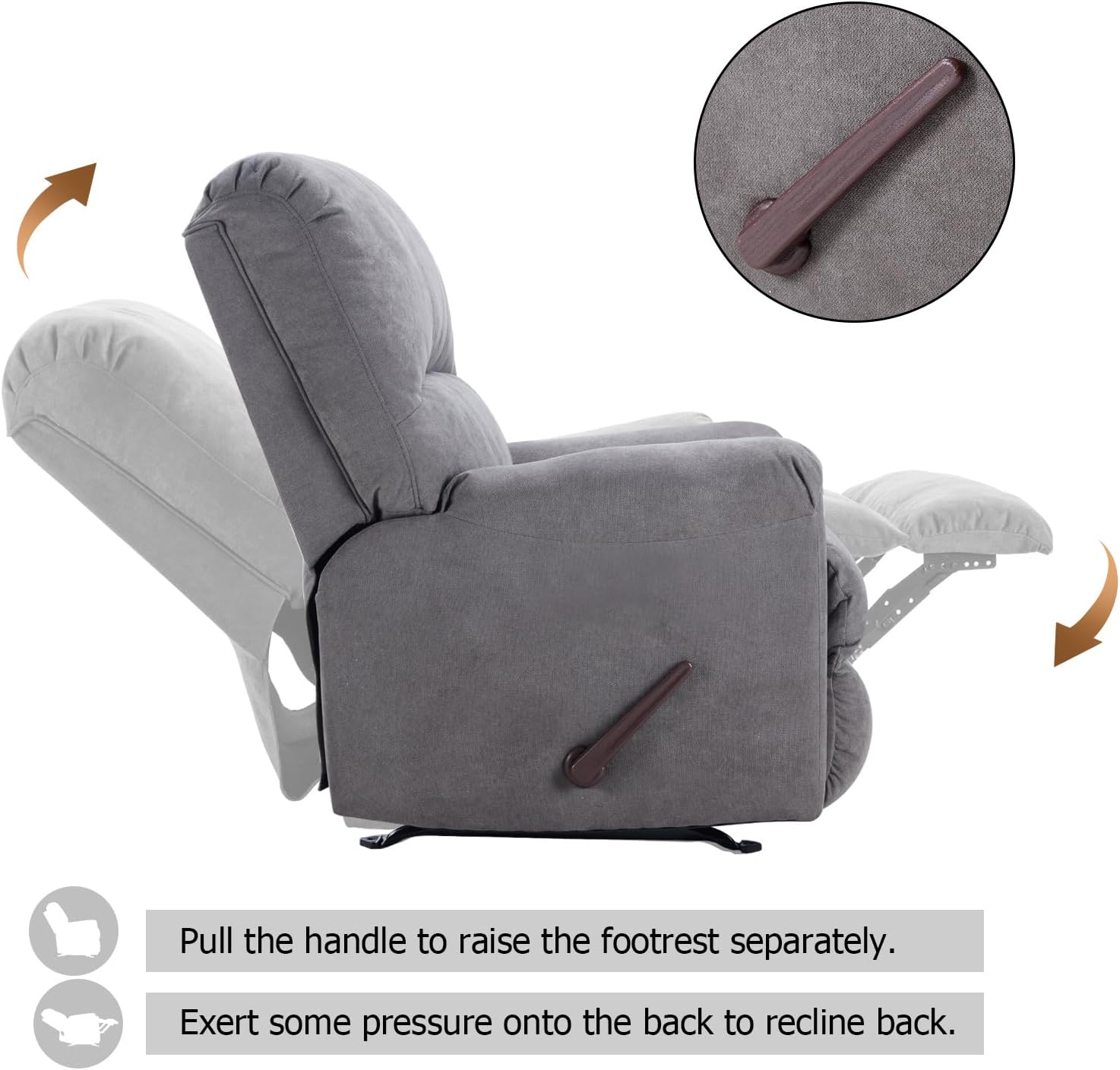 CANMOV Rocker Recliner Chair for Adults,Manual Recliner Chair with Overstuffed Backrest and Armrests, Soft Fabric Manual Rocking Reclining Sofa for Living Room,Grey
