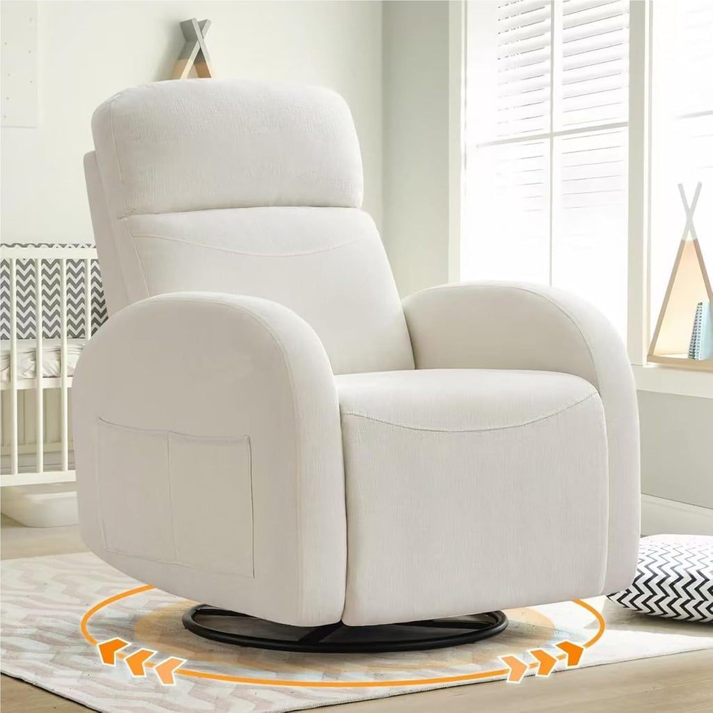 Swivel Recliner Rocker Nursery, Chenille Nursering Glider Recliner, Manual Swivel Rocking Reclining with Double Pockets for Living Room, Cream White