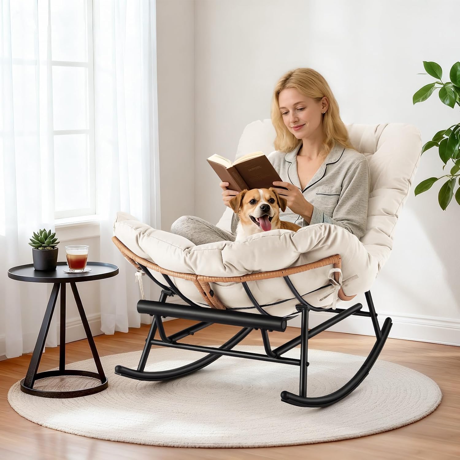 Takywep Rattan Rocking Chair with Detachable Polyester Cushion and Extendable Footrest – Papasan Chair with Cozy Seating for Porch, Lawn, Bedroom & Living Room, Beige